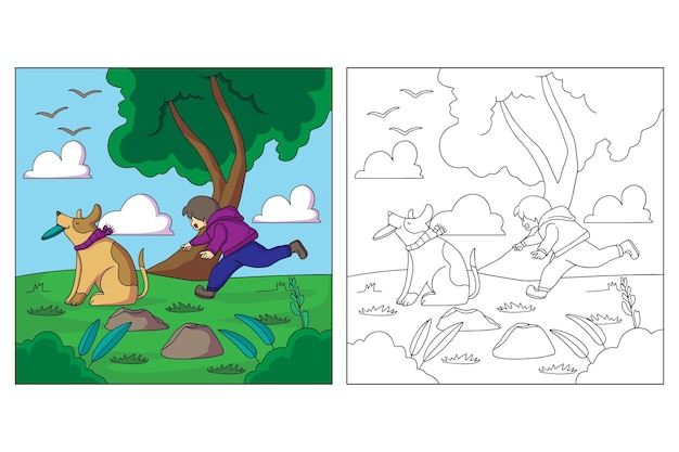 Hand drawn Kid and Pet Coloring page 1