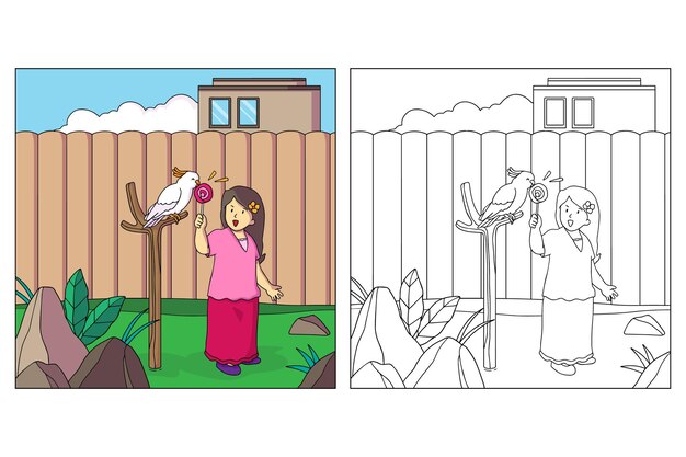 Hand drawn Kid and Pet Coloring page 9