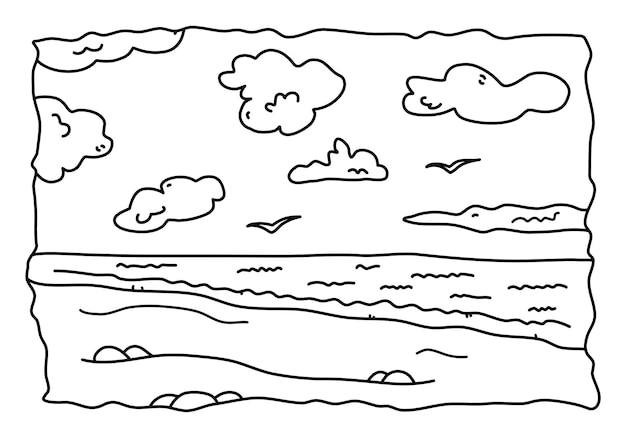 Hand drawn kids coloring page with sea landscape doodle style vector illustration