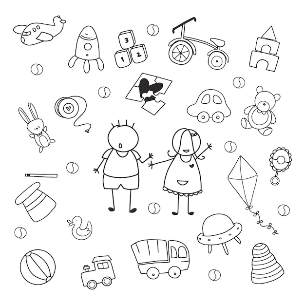 Hand drawn kids doodle with cute outline style