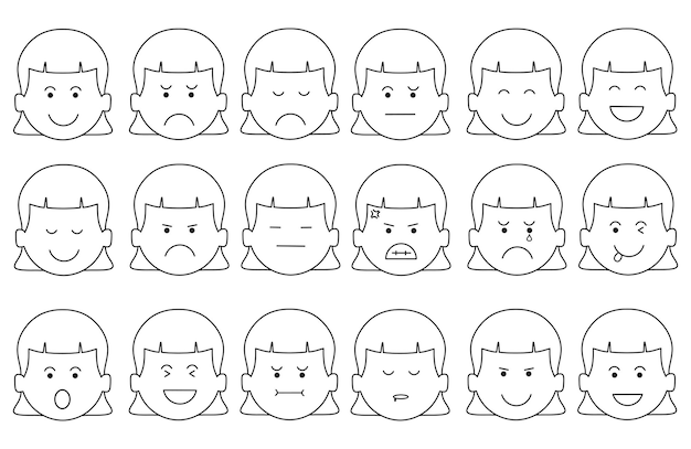벡터 손으로 그린 어린이 그림 사랑스러운 여자 얼굴 표정의 컬렉션 평평한 만화 고립 세트
