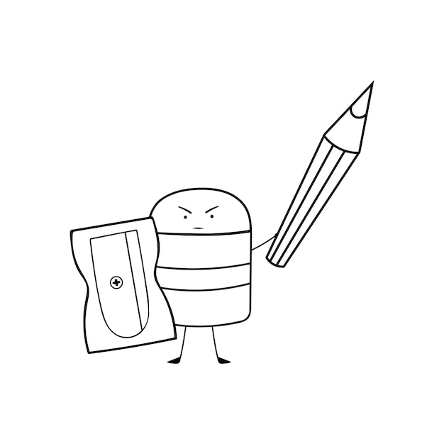 Hand drawn Kids drawing Cartoon Vector illustration funny Sharpener eraser and Pencil icon