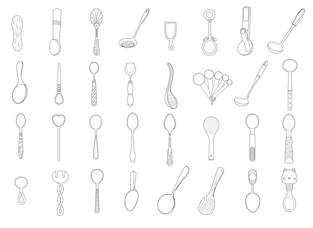 Hand drawn Kids drawing Cartoon Vector illustration Set Different Types spoon Isolated