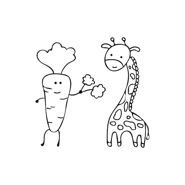 Hand drawn kids drawing Cute giraffe eating big carrot Cartoon animal Mascot Character Vector