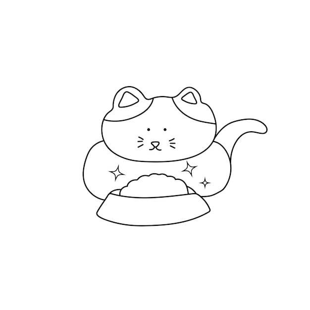 手描きの子供たちの描画スタイル面白いかわいい灰色の猫が漫画のスタイルでキャットフードを食べる