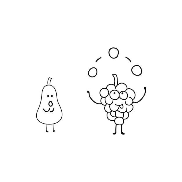 Hand drawn Kids drawing style funny fruits grapes juggling with pear watching it in a cartoon style