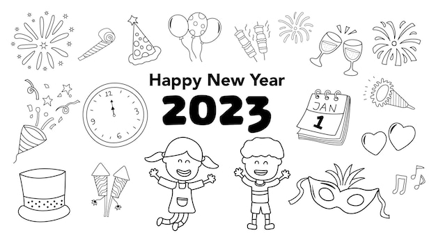 행복 한 새 해 2023의 손으로 그린 아이 그리기 벡터 일러스트 레이 션 세트