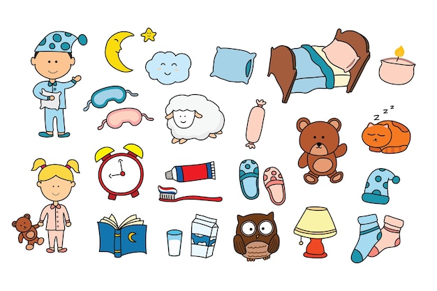 hand drawn kids drawing Vector illustration set of sleep time, bed time icon in doodle style