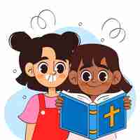 Vector hand drawn kids reading bible illustration