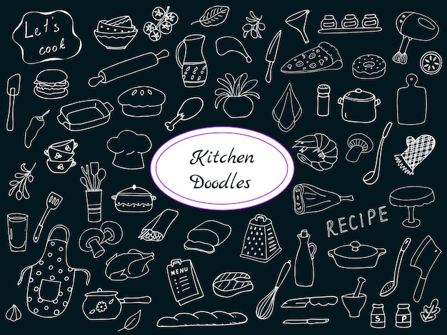 Hand-drawn kitchen doodle set, food and drink, restaurant and cooking, kitchen and party background.