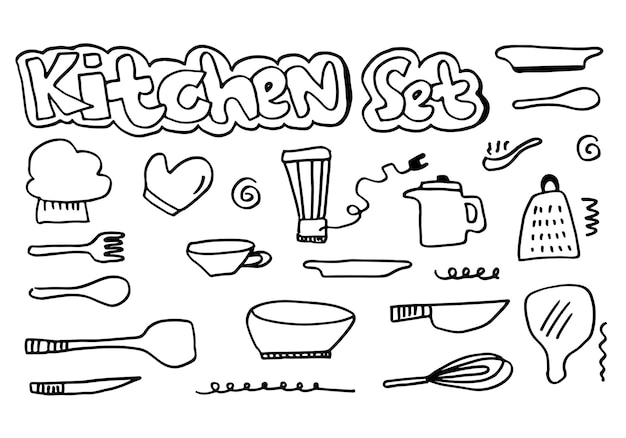 Hand drawn kitchen doodles icon set cooking tools and kitchen icon collection. Vector illustration.