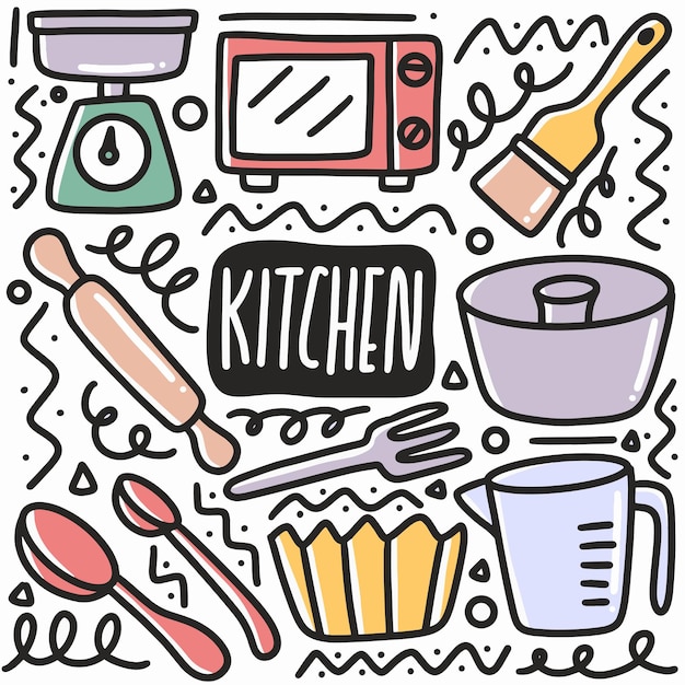 Hand drawn kitchen equipment doodle set with icons and design elements