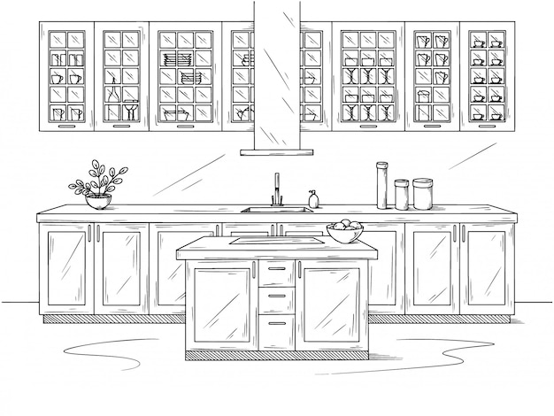 Hand drawn kitchen.   illustration in sketch style