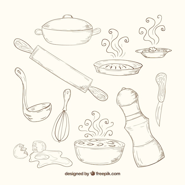 hand drawn kitchen tools in retro style