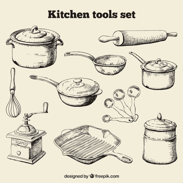 Hand drawn kitchen tools set