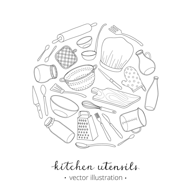 Vector hand drawn kitchen utensils in circle