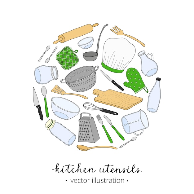 Utensili da cucina disegnati a mano in cerchio