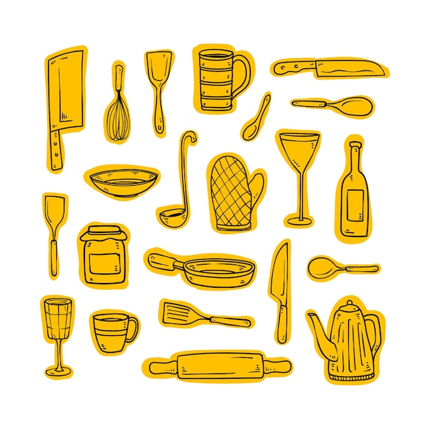 Vector hand drawn kitchen utensils doodle set