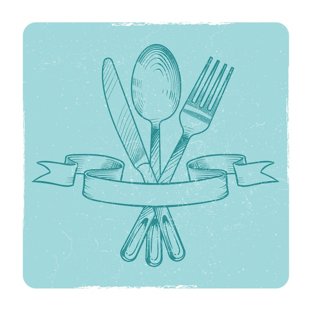 Hand drawn knife, spoon and fork in retro ribbons isolate. vector illustration