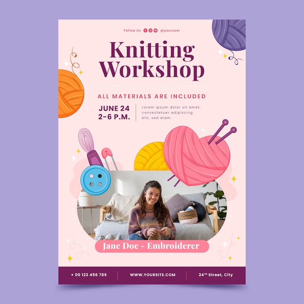Vector hand drawn knitting workshop vertical poster template