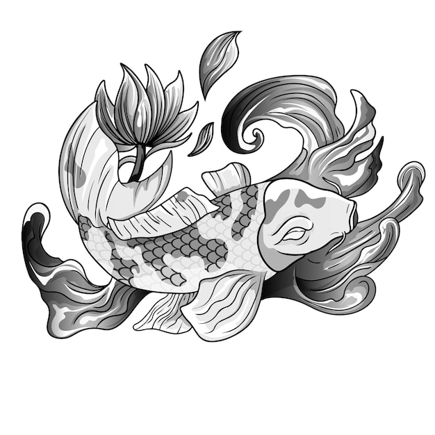 Vector hand drawn koi fish with flower tattoo for arm japanese tattoo traditional tattoo with water splash