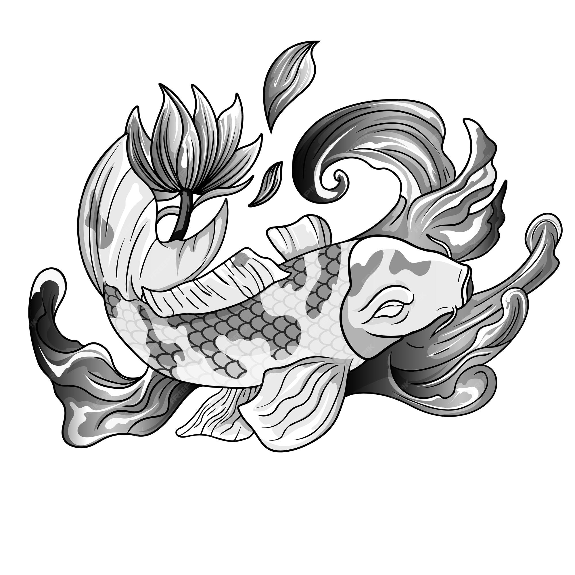 Premium Vector | Hand drawn koi fish with flower tattoo for arm japanese tattoo traditional tattoo with water splash Premium Vector | Hand drawn koi fish with flower tattoo for arm japanese tattoo traditional tattoo with water splash