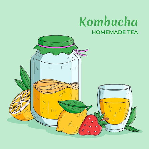 Tè kombucha disegnato a mano con limone e fragola