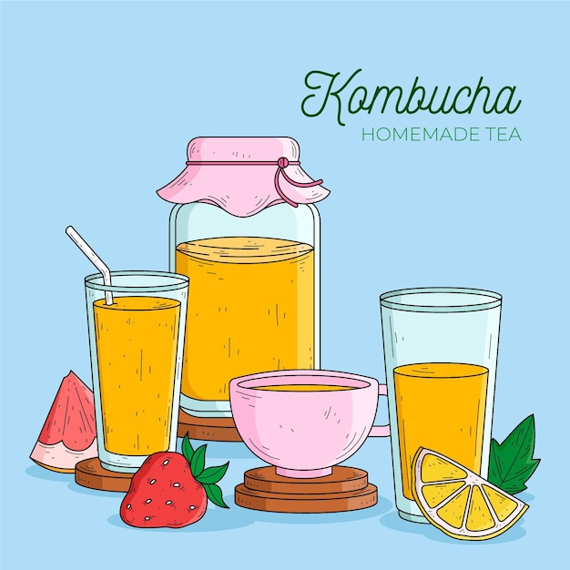 Vettore tè kombucha disegnato a mano