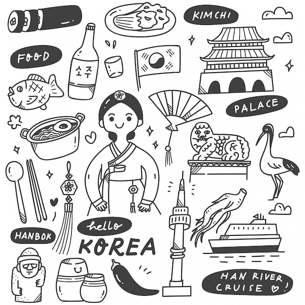 Insieme disegnato a mano di doodle della corea