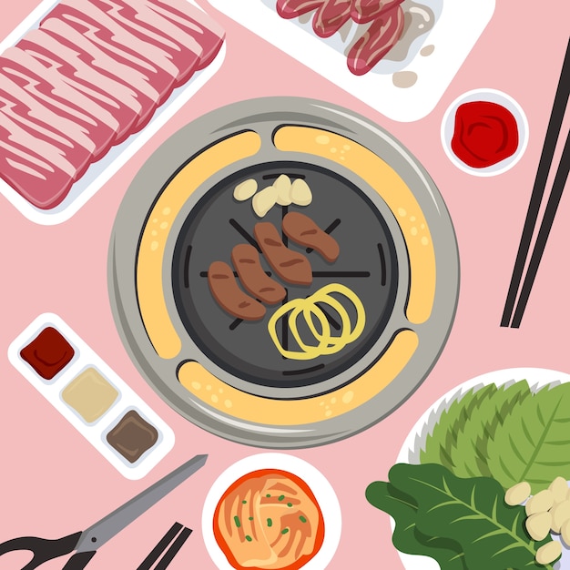 Vettore illustrazione di barbecue coreano disegnato a mano