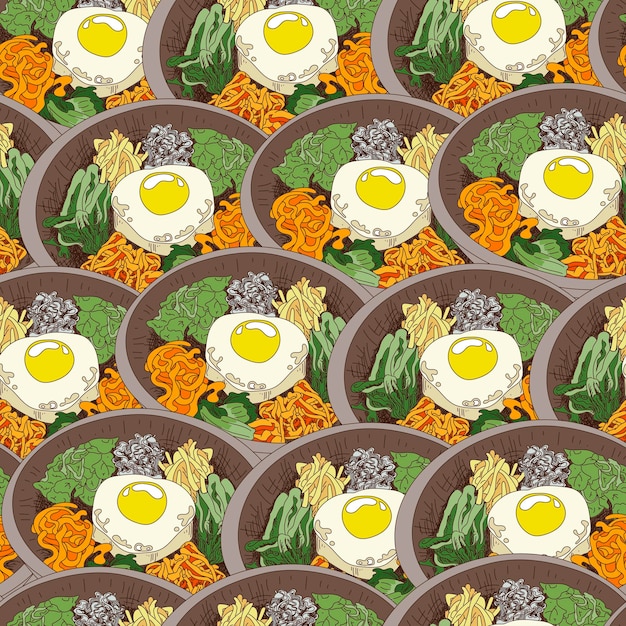 Cibo coreano disegnato a mano bibimbap illustrazione senza cuciture ricetta bibimbap piatto tradizionale coreano bibimbap con uovo fritto calamari gamberi cetriolo germogli di soia e alghe sfondo di cibo asiatico