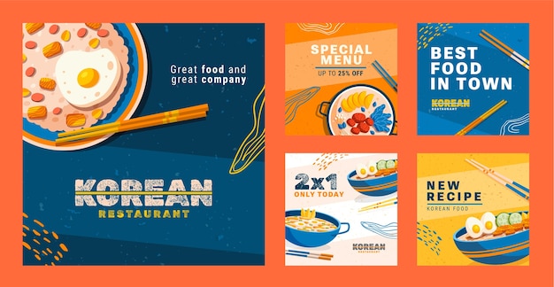 Vector hand drawn korean restaurant instagram posts