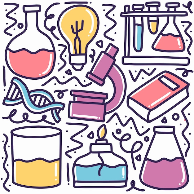 Hand drawn lab equipment doodle set with icons and design elements