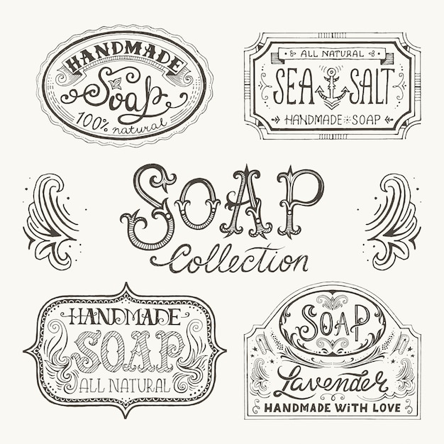 Vector hand drawn labels and patterns for handmade soap bars.