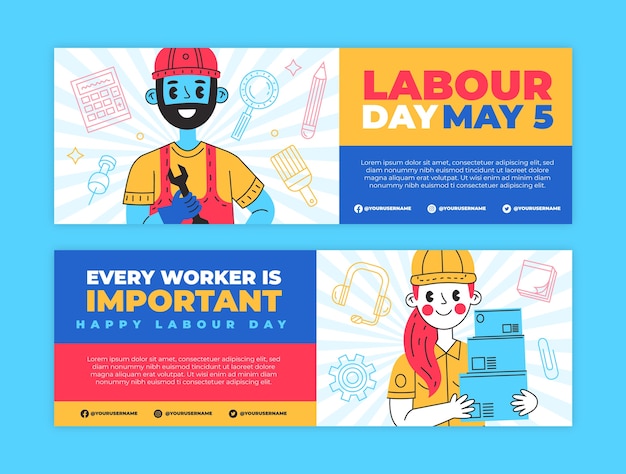 Vector hand drawn labor day horizontal banners pack