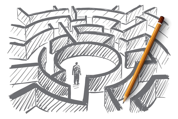 Вектор Рисованная концепция лабиринта с человеком, стоящим в центре лабиринта
