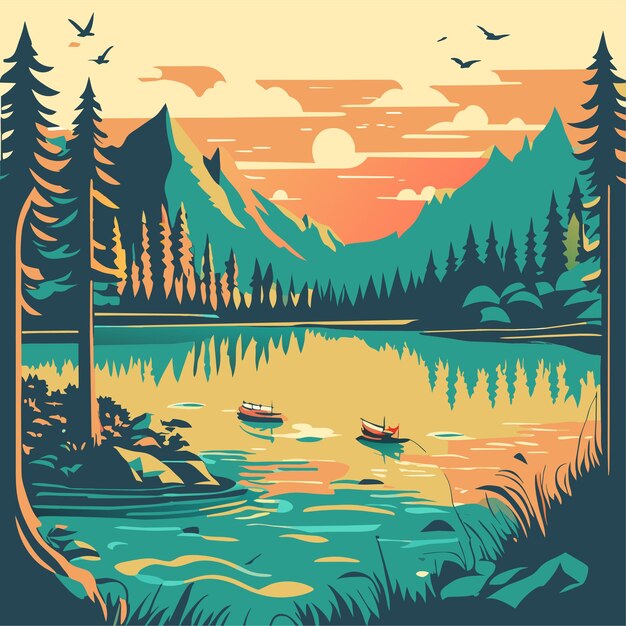 Vector hand drawn lake scenery and nature scene