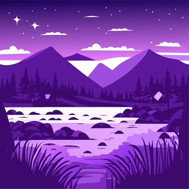 Vector hand drawn lake scenery and nature scene