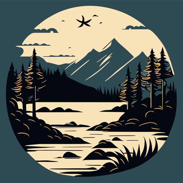 Vector hand drawn lake scenery and nature scene