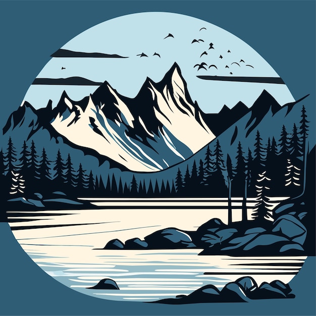 Vector hand drawn lake scenery and nature scene