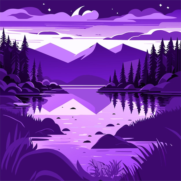 Vector hand drawn lake scenery and nature scene