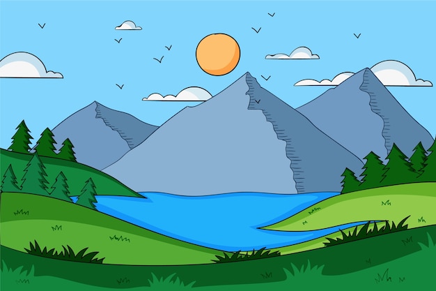 Vector hand drawn lake scenery