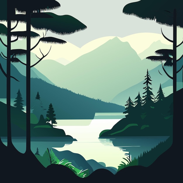 Vector hand drawn lake scenery