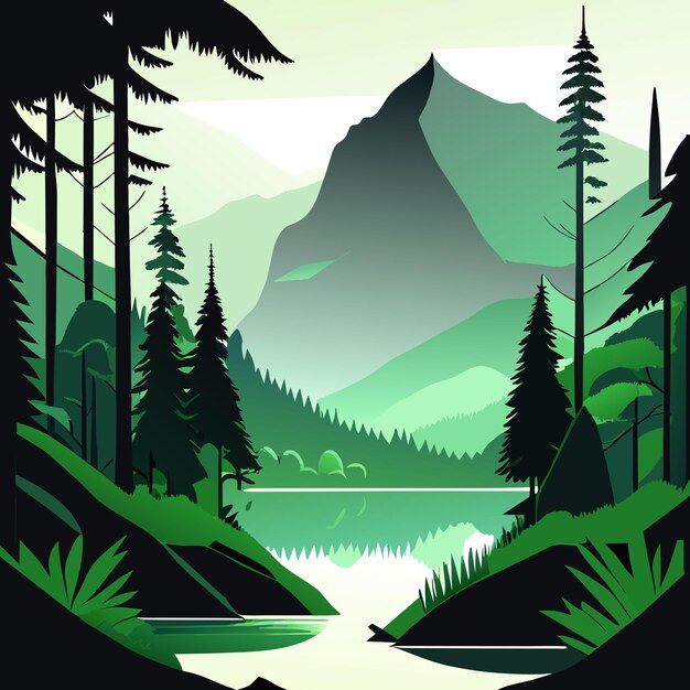 Vector hand drawn lake scenery