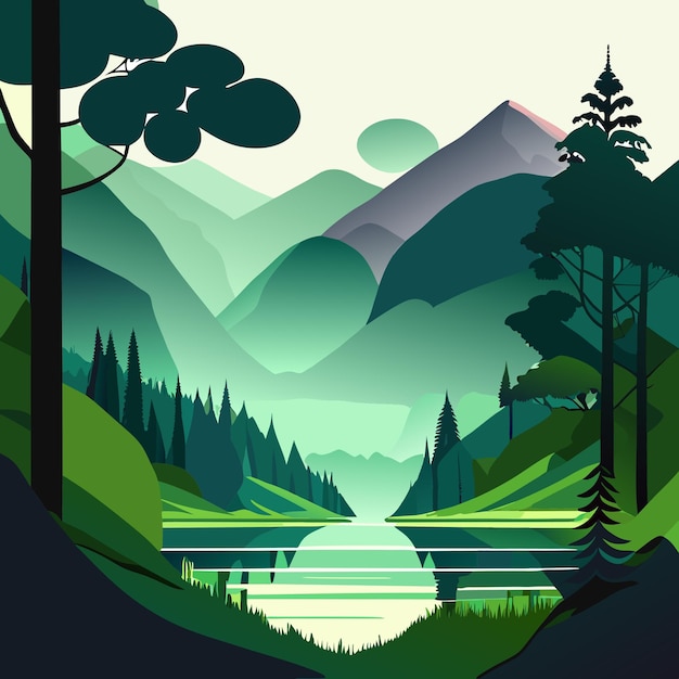 Vector hand drawn lake scenery