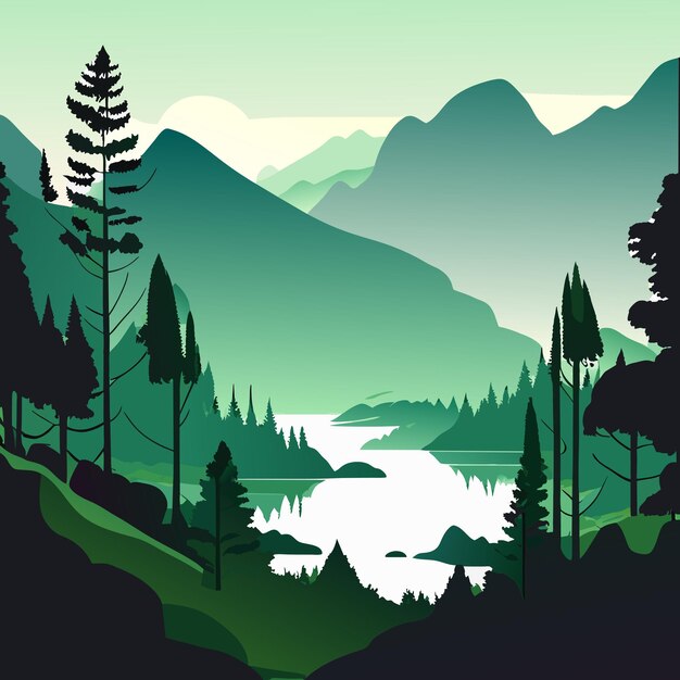 Vector hand drawn lake scenery