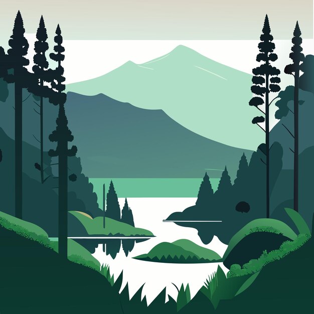 Vector hand drawn lake scenery