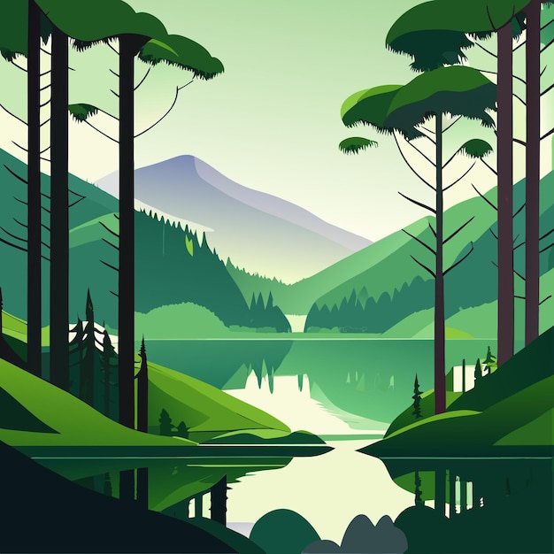 Vector hand drawn lake scenery