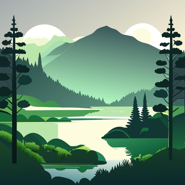 Vector hand drawn lake scenery