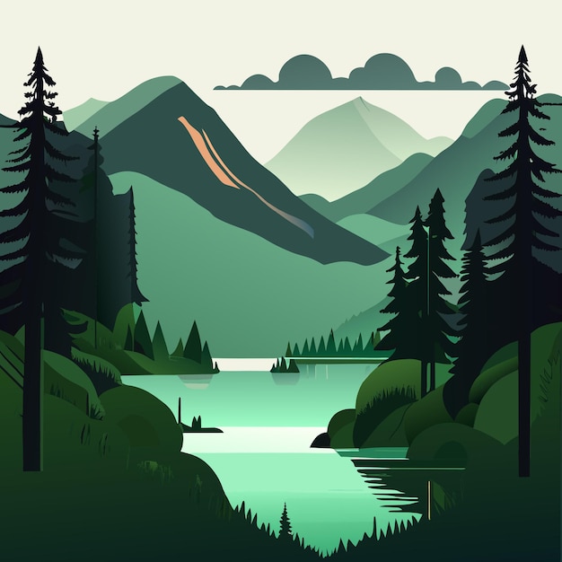 Vector hand drawn lake scenery